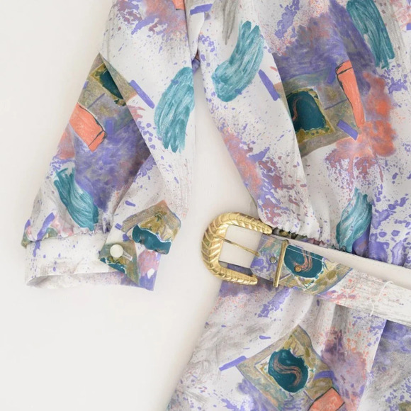 Vintage 90's Leslie Belle White  w Watercolor Abstract Splash Belt Midi Dress 12 - Picture 11 of 15